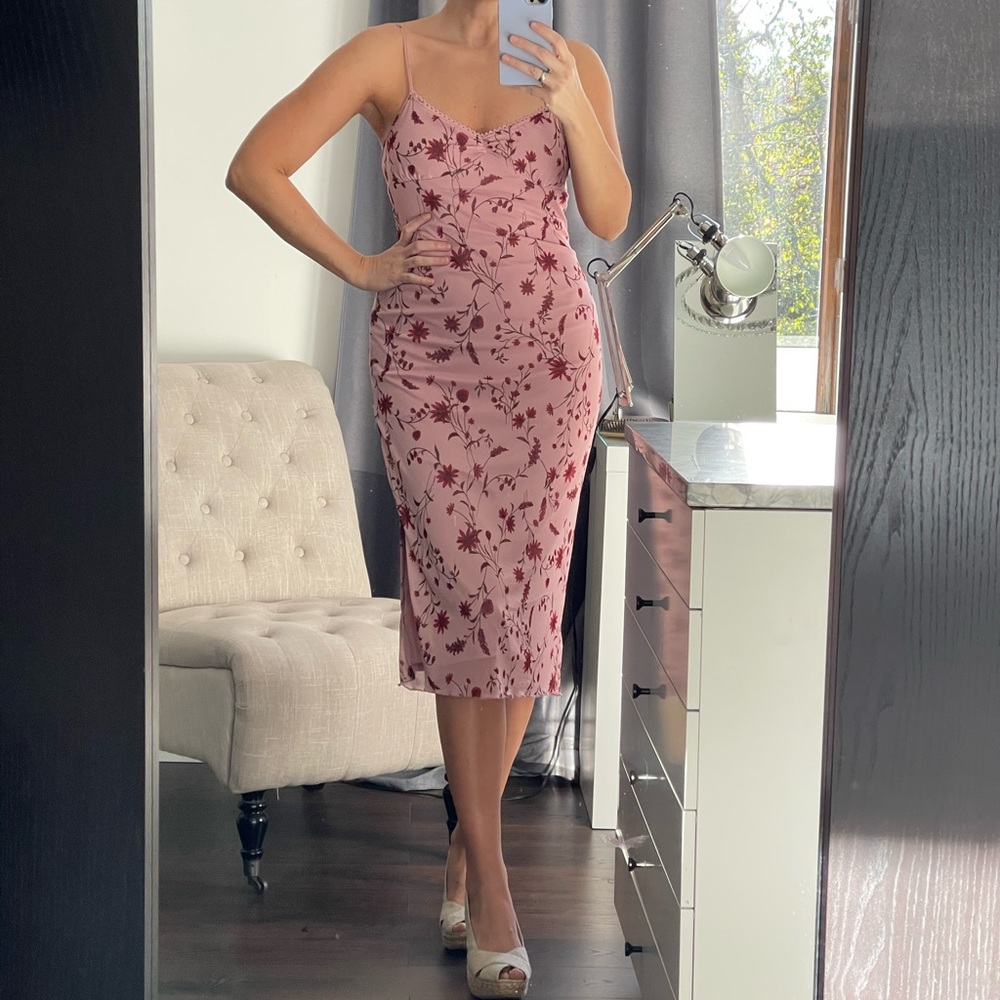 New! Floral Pink Midi Dress with Floral Design size L